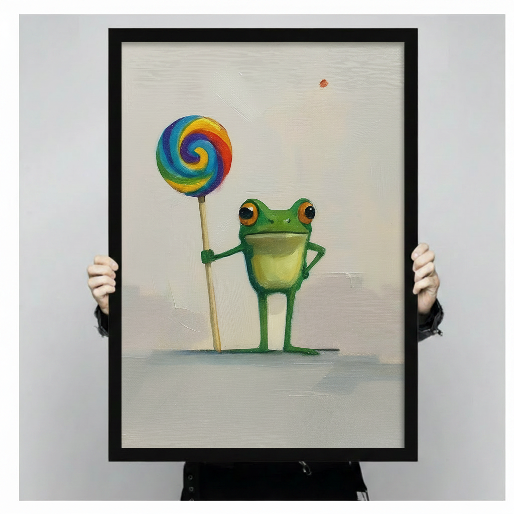 Hands holding a large black framed whimsical green frog with rainbow lollipop canvas art print with a bold cartoon green frog with large amber eyes standing upright with one hand on hip and gripping a giant swirling multicolor rainbow lollipop in expressive oil-paint style on a soft off-white textured background