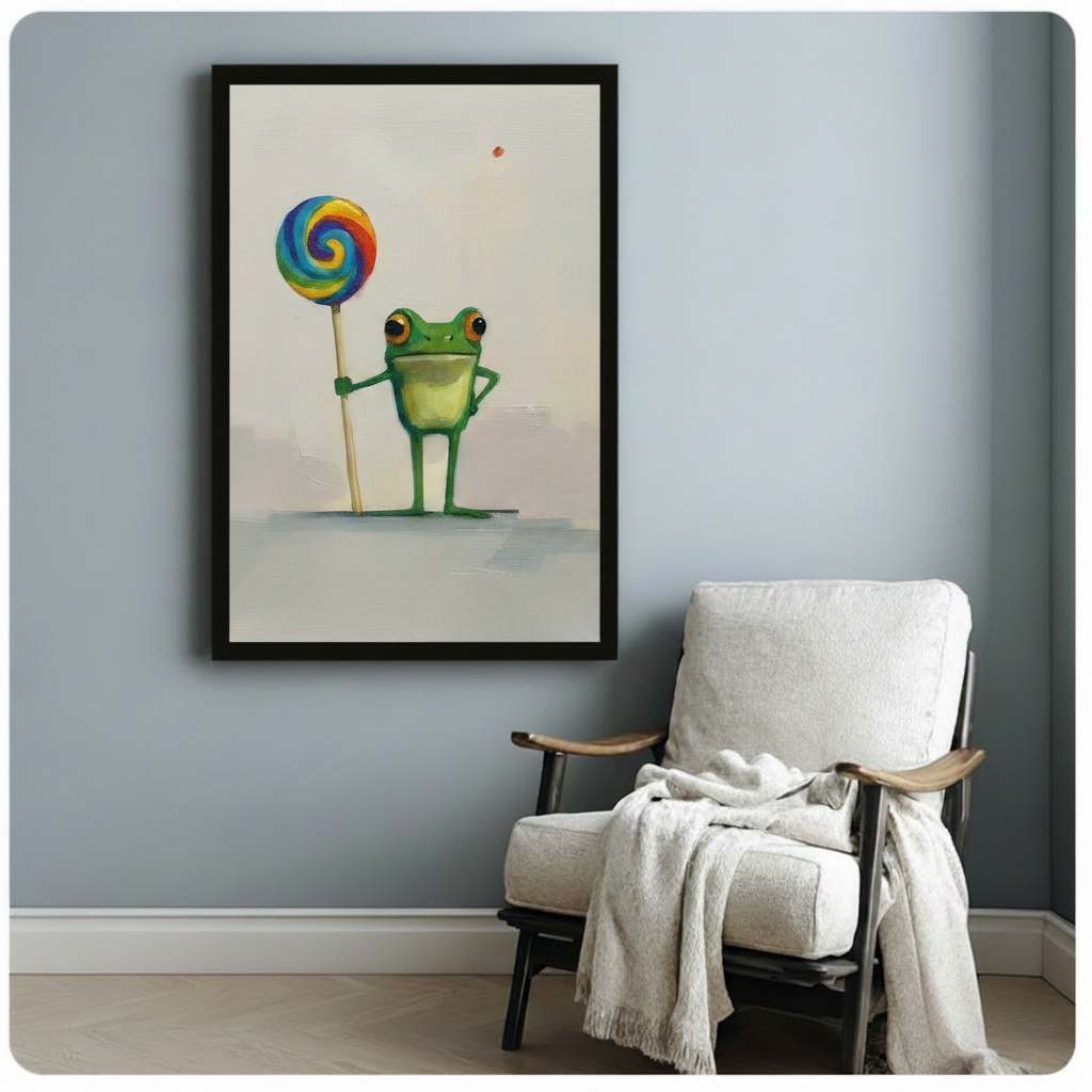 Black framed whimsical green frog with rainbow lollipop canvas art showing a plucky cartoon green frog with warm amber eyes posed with one hand on hip holding a large swirling blue yellow and red rainbow lollipop on a stick in thick oil-paint style on a soft off-white background, displayed beside a white linen folding chair with a cream throw