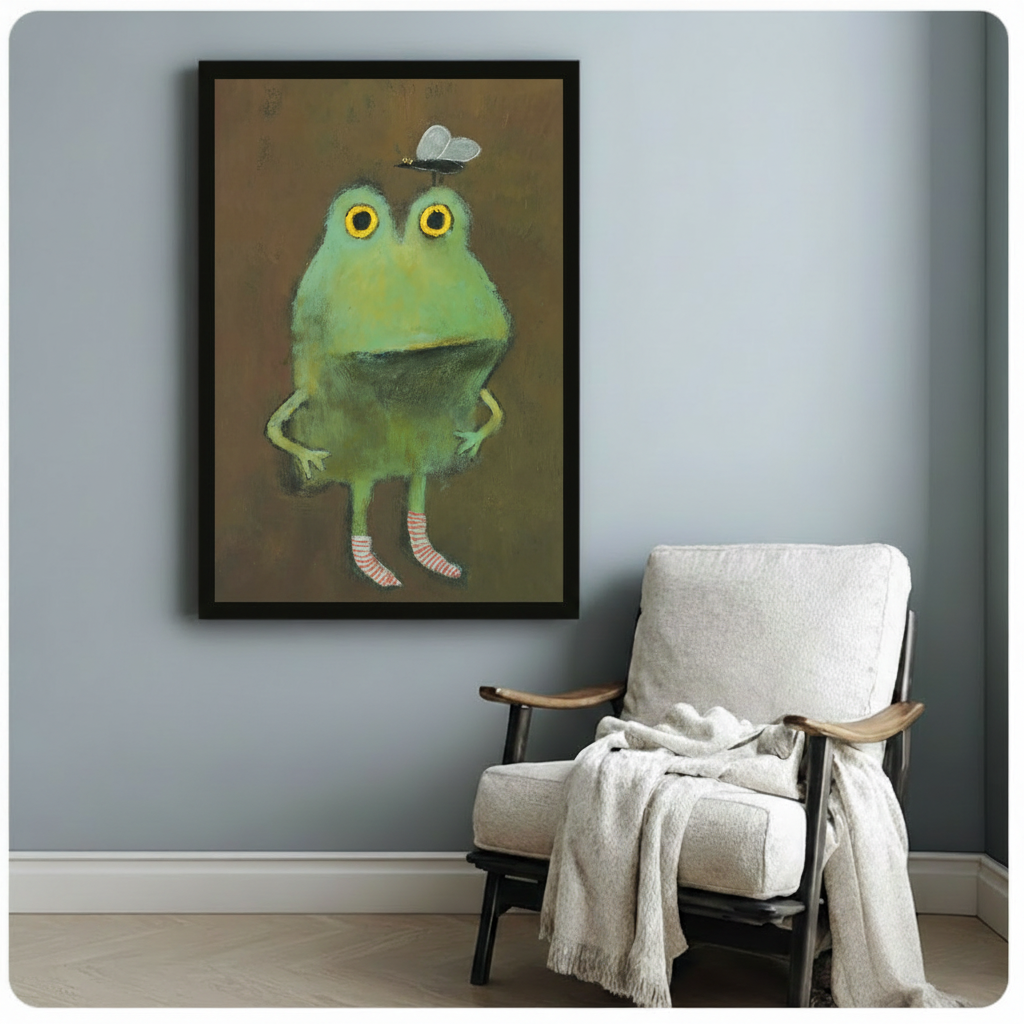 Black-framed art print of a charming green frog character with big yellow eyes and striped socks, styled beside a white armchair in a cozy light-toned room