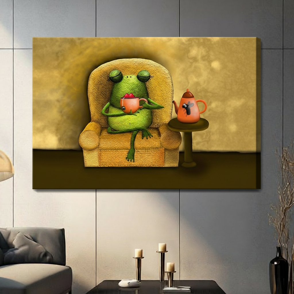 Stretched canvas whimsical frog drinking tea in armchair wall art featuring a chubby green frog with droopy eyelids lounging in a cozy golden yellow armchair cradling a pink teacup while a funny orange teapot with a mouse face sits on a round side table on a warm glowing amber background, hung on a dark gray wall above a gray sofa