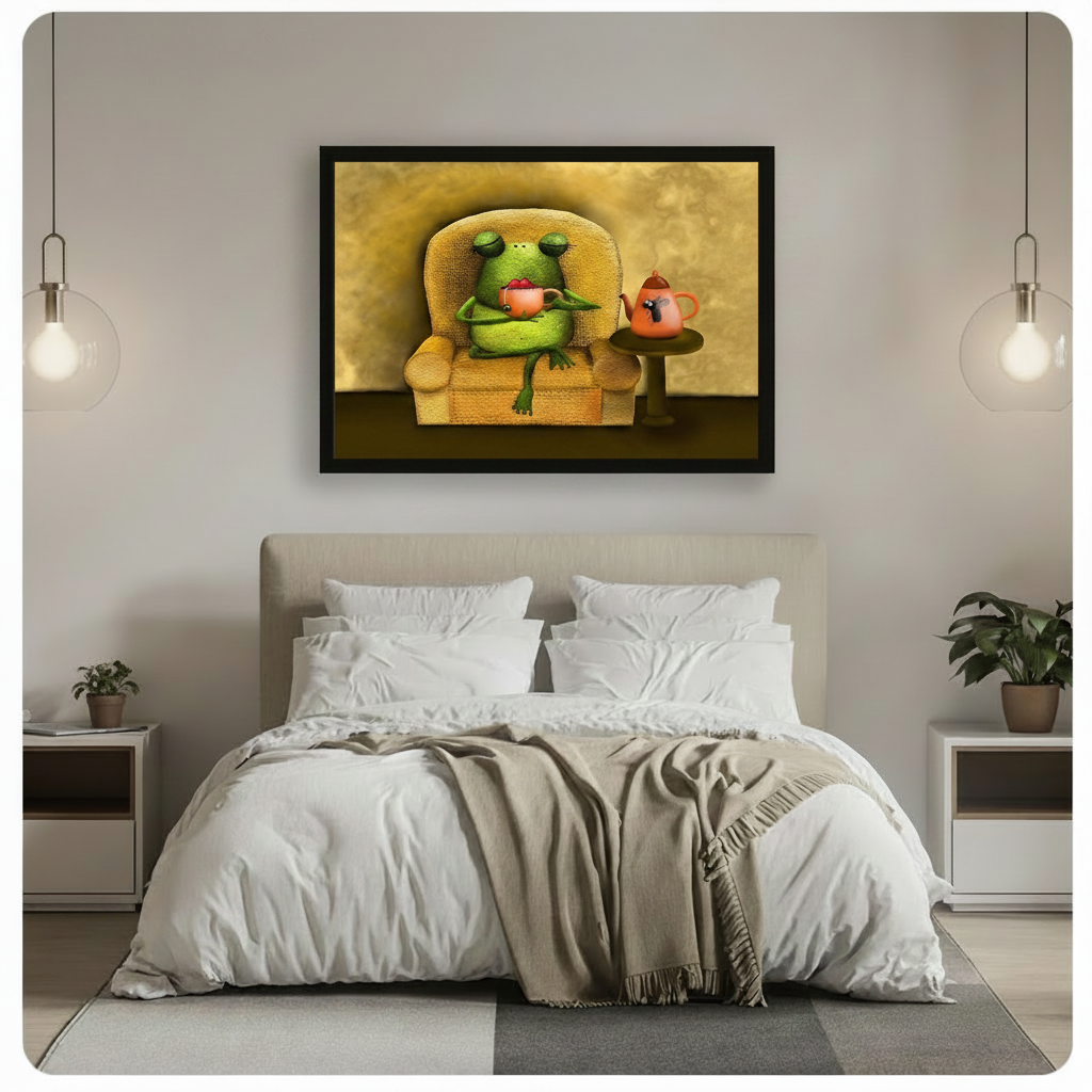 Black framed whimsical frog drinking tea in armchair canvas art with a round green frog with sleepy eyes sitting contentedly in a golden yellow armchair holding a pink teacup next to an orange teapot with a mouse face on a side table on a warm golden amber background, hung above a bed with white linen bedding and glass pendant lights in a modern bedroom