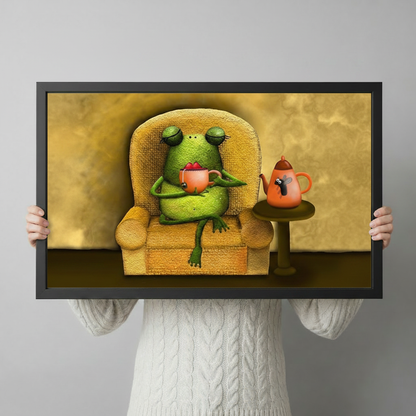 Person in a cream knit sweater holding a large horizontal black framed whimsical frog drinking tea in armchair canvas art print with a plump green frog with heavy-lidded eyes relaxing in a golden yellow textured armchair holding a pink teacup beside a quirky orange mouse-face teapot on a warm amber background