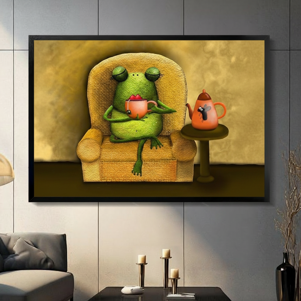 Black framed whimsical frog drinking tea in armchair canvas art with a plump green frog with heavy-lidded eyes sitting relaxed in a golden yellow textured armchair holding a pink teacup with a quirky orange teapot with a mouse face on a small side table against a warm golden amber background, hung on a dark gray wall above a gray sofa