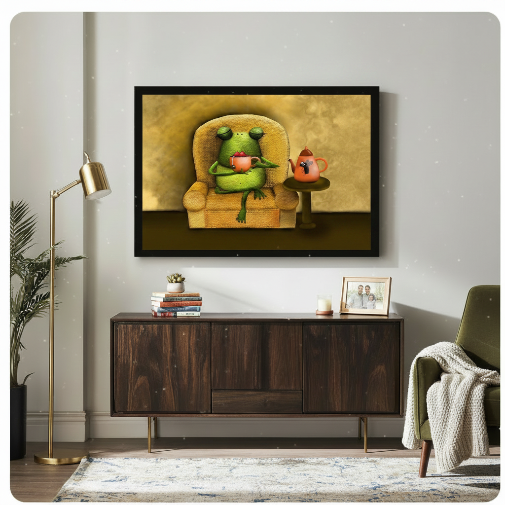 Black framed whimsical frog drinking tea in armchair canvas art showing a plump green frog with heavy-lidded eyes lounging in a cozy golden yellow textured armchair with a pink teacup in hand and a quirky orange mouse-face teapot on a small round table on a warm glowing amber background, displayed above a dark walnut sideboard with a gold floor lamp and olive green armchair