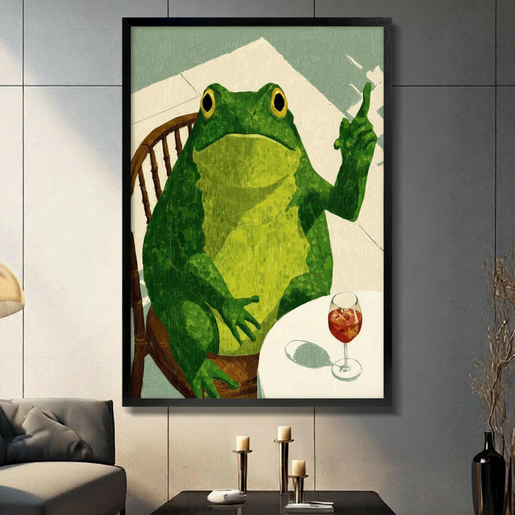 Black framed whimsical frog sitting at a table with wine canvas art featuring a plump green frog on a wooden Windsor chair raising a finger as if making a point, with a glass of red spritz cocktail on a white table on a sage green and cream background, displayed on a dark gray tile wall above a black table with candlesticks beside a gray sofa