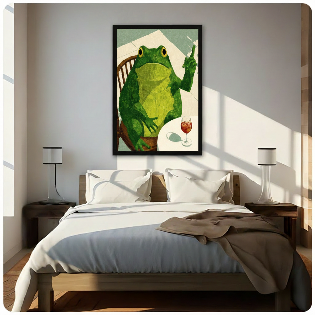 Black framed humorous frog sitting at a table with wine canvas art featuring a plump green frog on a Windsor chair raising a finger beside a glass of red spritz on a sage green background, hung above a wooden bed frame in a sun-drenched minimalist bedroom with crisp white linen bedding and matching cylindrical nightstand lamps