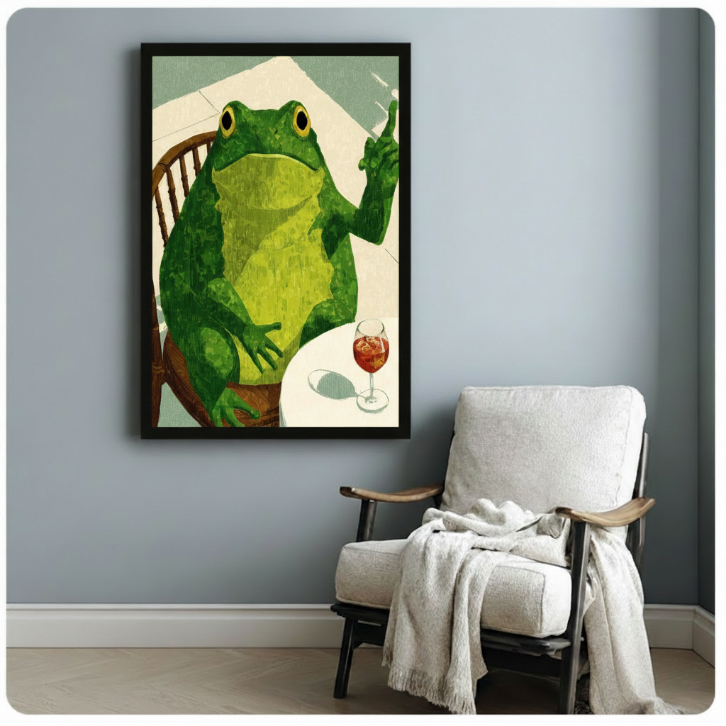 Black framed vintage-style frog with wine canvas art showing a cheerful green frog on a Windsor chair raising a finger beside a glass of red spritz on a white table with a linen-textured sage green background, displayed on a soft blue-gray wall beside a black-framed upholstered armchair draped with a cream knit throw blanket