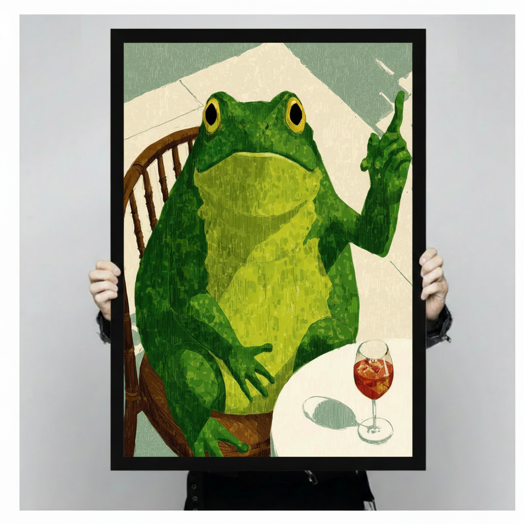 Person holding a large vertical black framed whimsical frog at table canvas art print showing a big-eyed green frog seated on a wooden chair raising one finger with a glass of red aperitif cocktail on a white table against a sage green and cream oil-painted background in a light gray studio setting