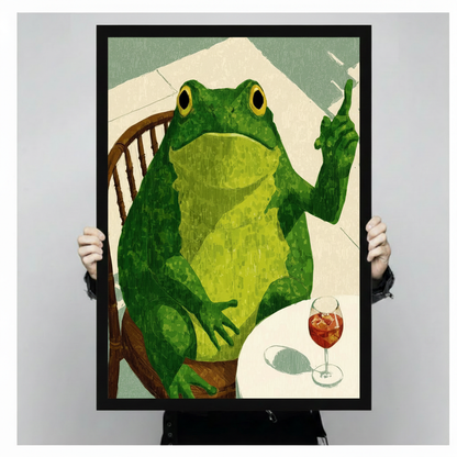 Person holding a large vertical black framed whimsical frog at table canvas art print showing a big-eyed green frog seated on a wooden chair raising one finger with a glass of red aperitif cocktail on a white table against a sage green and cream oil-painted background in a light gray studio setting