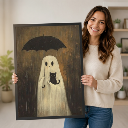 Smiling woman holding a large black framed whimsical ghost cradling a black cat under a black umbrella in the rain wall art print, showing scale for home decor gifting against a neutral indoor backdrop with potted plants and open shelving