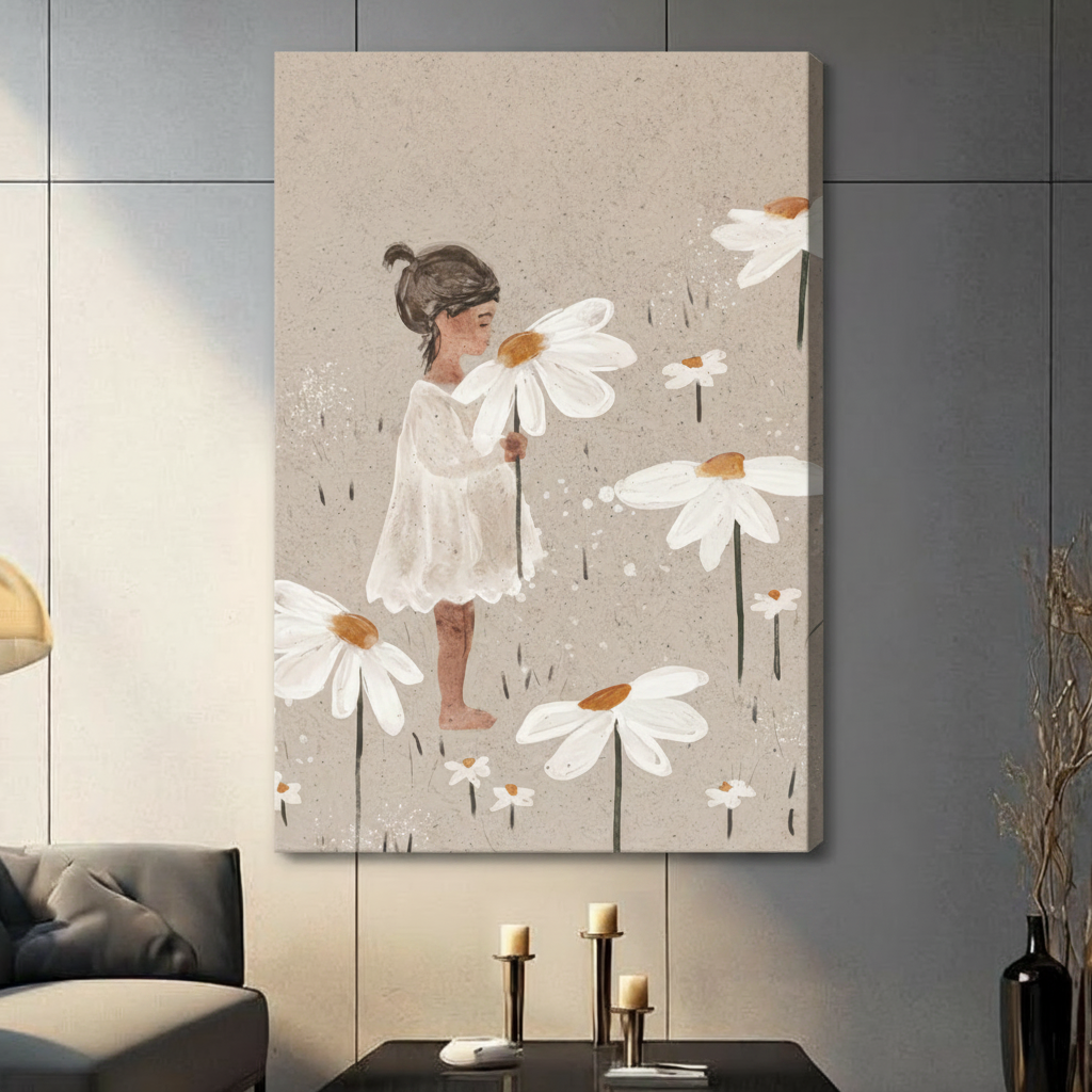 Unframed stretched canvas print of a barefoot girl in white dress holding a giant daisy among oversized flowers on a warm beige textured background in a contemporary grey living room