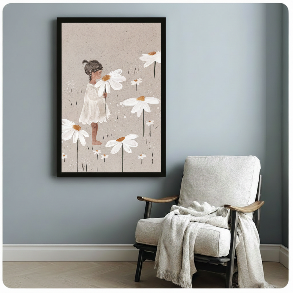 Black framed whimsical girl and daisy field canvas art print in soft neutral watercolour tones on a light blue-grey wall beside a white linen armchair with draped throw