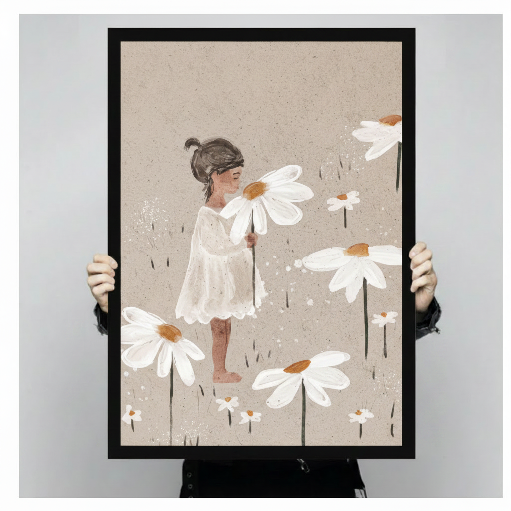 Person holding a large black framed canvas art print of a little girl in a white dress surrounded by giant white daisy flowers showing print size scale and soft watercolour texture detail