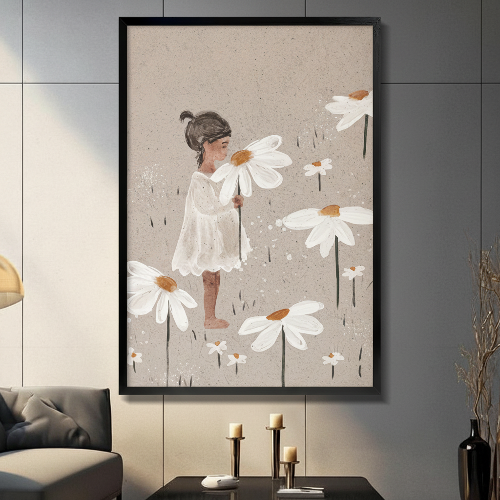 Framed whimsical girl with giant daisy flowers canvas wall art in soft beige watercolour style displayed on a dark grey wall in a modern living room with candle holders