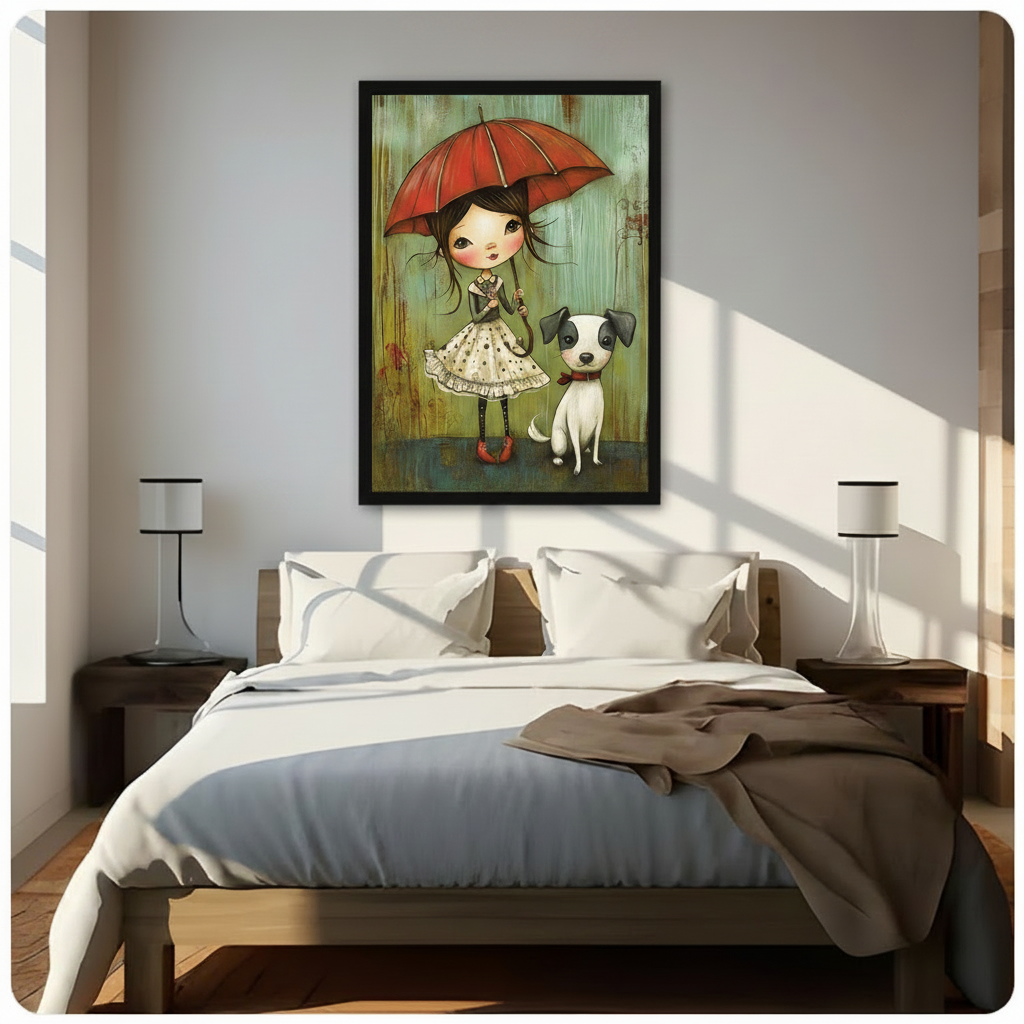 Black framed canvas wall art of a cute big-eyed girl with red umbrella and white dog in rainy scene, hung above a bed with white linen bedding, wooden nightstands, and soft bedroom lighting