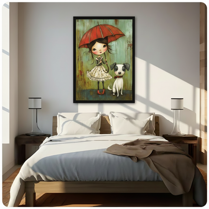 Black framed canvas wall art of a cute big-eyed girl with red umbrella and white dog in rainy scene, hung above a bed with white linen bedding, wooden nightstands, and soft bedroom lighting
