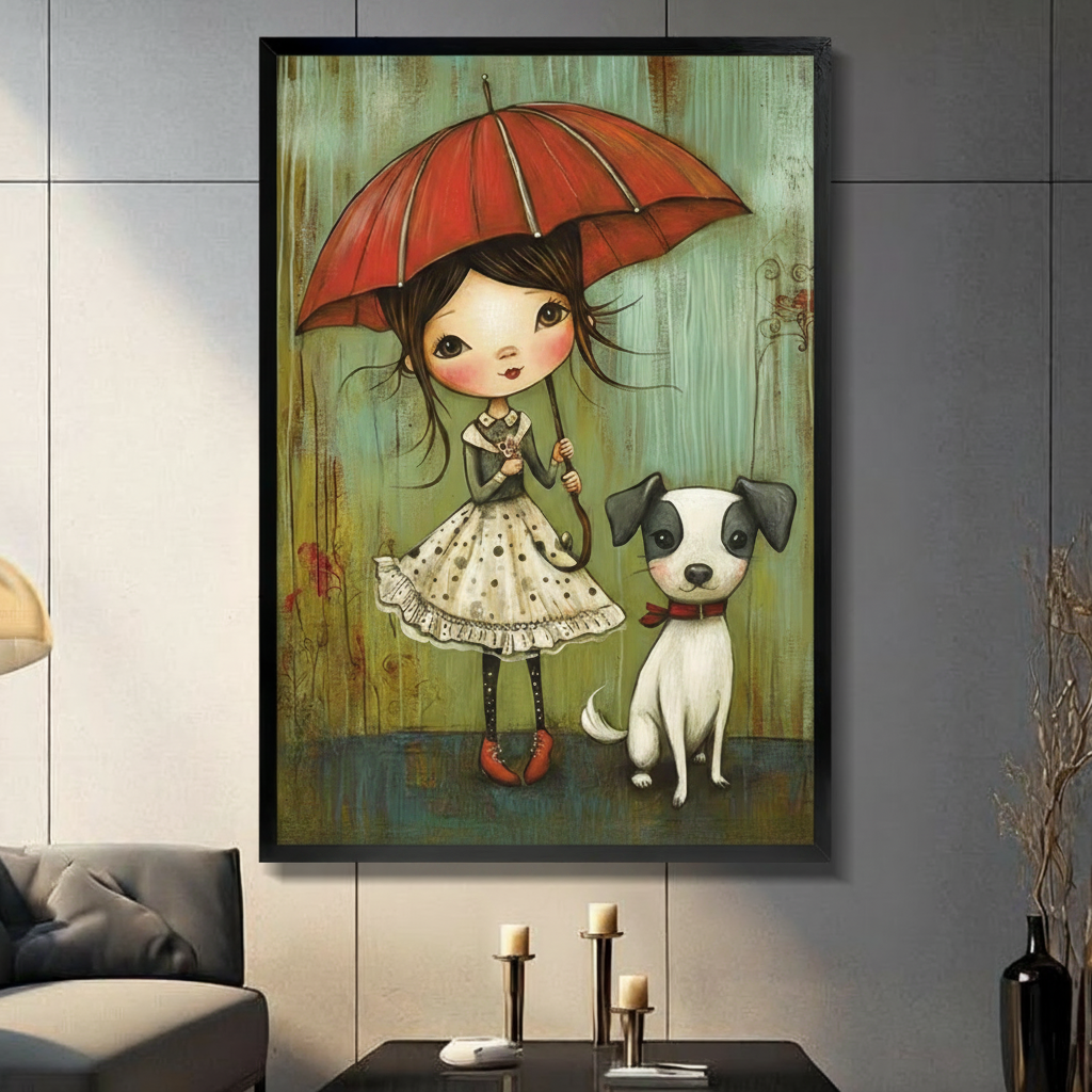 Whimsical big-eyed girl holding a red umbrella beside a white Jack Russell dog, framed black canvas wall art displayed above a linen armchair against a light gray wall