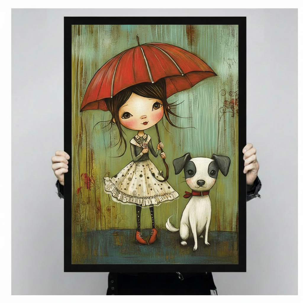 Hands holding a black framed canvas art print featuring a whimsical big-eyed girl with red umbrella and white Jack Russell dog against a rainy teal background, storybook illustration style wall decor