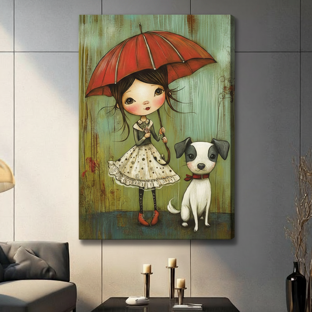 Framed canvas print of a cartoon girl in polka dot dress with red umbrella and spotted puppy, hung above a dark gray sofa with candle holders in a modern living room