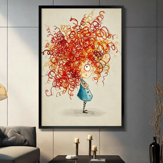 Colorful girl framed canvas wall art displayed against tiled walls, bringing playful character and warm red-gold energy.