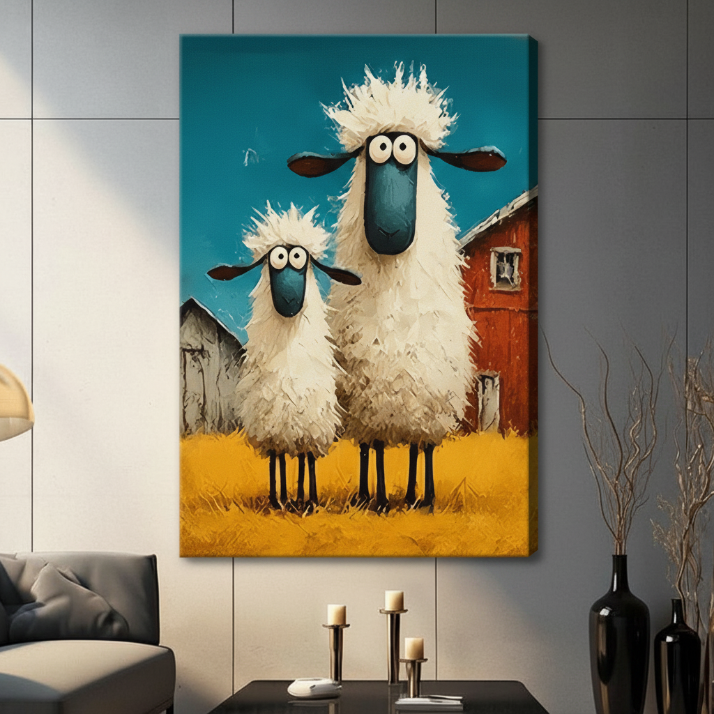 Stretched canvas wall art of two funny fluffy cartoon sheep with oversized googly eyes and blue elongated faces standing in a bright yellow meadow with a red farmhouse and blue sky in bold impasto brushstrokes, hung on a light gray tile wall beside a modern gray sofa with candlestick decor