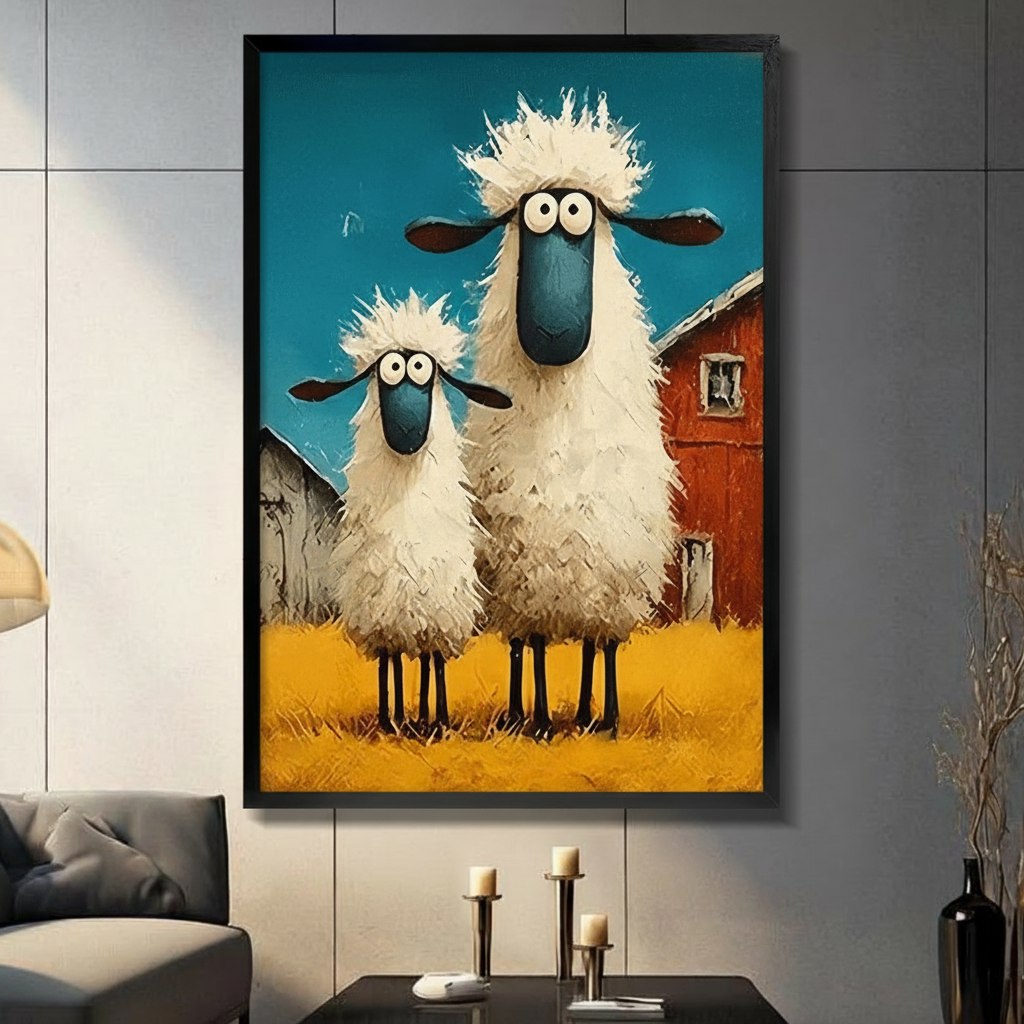 Black framed whimsical googly-eyed sheep on a farm canvas art with two shaggy cartoon sheep with big wide eyes and blue faces standing in a golden field before a red barn under a teal sky in thick oil-paint texture, displayed on a light gray tile wall above a black table with candlesticks beside a gray sofa