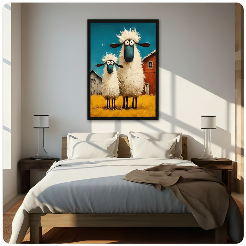 Black framed whimsical googly-eyed sheep on a farm canvas art with two shaggy cartoon sheep with big eyes and blue faces in a golden field beside a red barn under a teal sky in bold impasto brushstrokes, hung above a wooden bed frame in a sun-drenched minimalist bedroom with crisp white linen bedding and matching cylindrical nightstand lamps