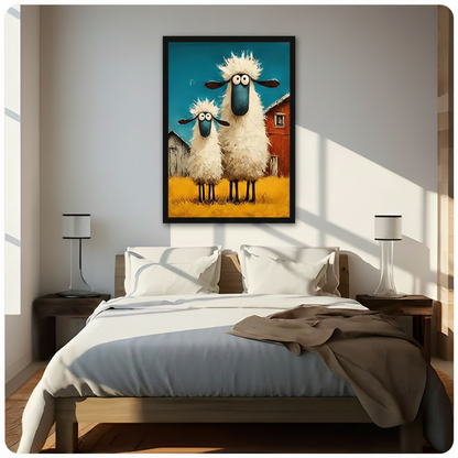 Black framed whimsical googly-eyed sheep on a farm canvas art with two shaggy cartoon sheep with big eyes and blue faces in a golden field beside a red barn under a teal sky in bold impasto brushstrokes, hung above a wooden bed frame in a sun-drenched minimalist bedroom with crisp white linen bedding and matching cylindrical nightstand lamps