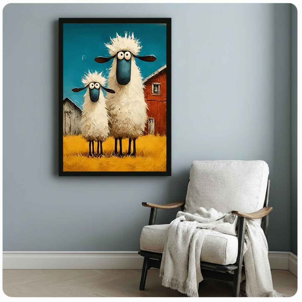 Black framed folk-style googly-eyed sheep canvas art showing two shaggy cartoon sheep with big eyes and blue faces in a golden farm field with a red barn against a teal sky in textured oil paint, displayed on a soft blue-gray wall beside a light upholstered wooden armchair draped with a cream knit throw blanket
