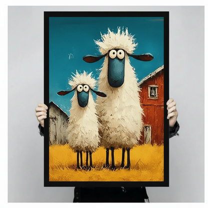 Person holding a large vertical black framed whimsical googly-eyed sheep farm canvas art print showing two woolly cartoon sheep with wide comical eyes and blue faces standing in a yellow field before a red barn under a teal sky in thick oil-paint texture in a light gray studio setting