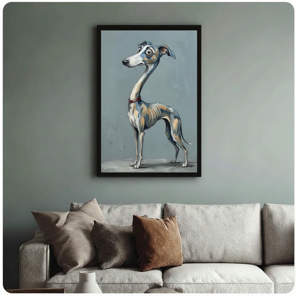 Whimsical greyhound canvas art in black frame above sofa — premium dog lover wall decor with painterly illustration style
