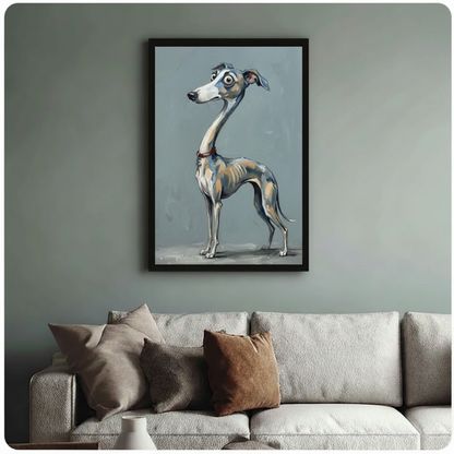 Whimsical greyhound canvas art in black frame above sofa — premium dog lover wall decor with painterly illustration style