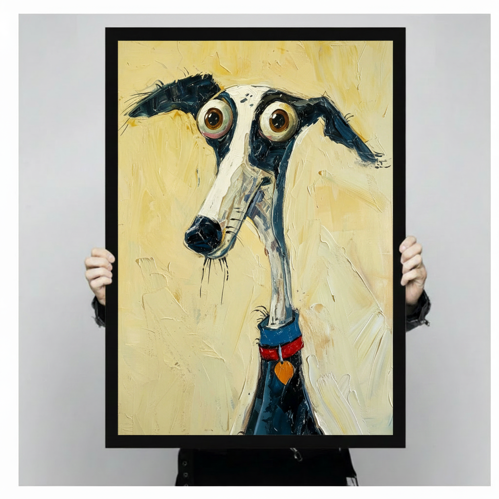 Whimsical greyhound dog impasto canvas wall art in black frame held by person against light gray background, cartoon dog portrait with enormous round eyes long neck and blue-red collar on creamy yellow textured background