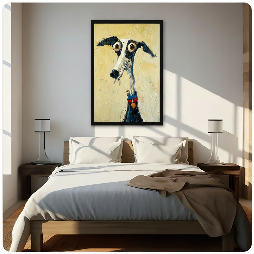Whimsical greyhound dog framed canvas wall art above wooden bed with white bedding in sunlit modern bedroom, expressive cartoon dog painting with big brown eyes blue collar and orange heart tag on warm yellow background