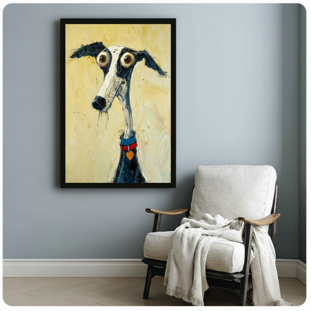 Whimsical greyhound dog impasto canvas print in black frame on light blue-gray wall beside white linen armchair with wooden legs, funny cartoon dog portrait wall art in modern American home interior