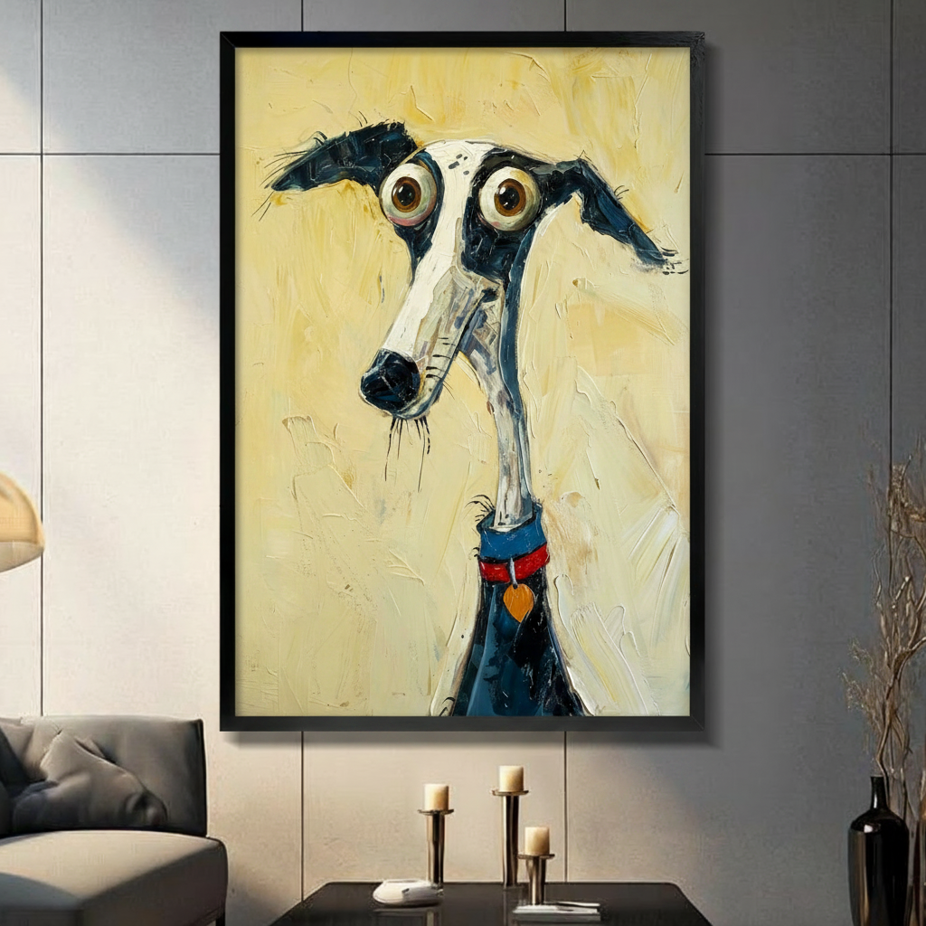 Framed whimsical greyhound dog canvas wall art hanging on dark gray tile wall above candle holders and black vase in modern living room, expressive impasto oil painting of cartoon dog with wide eyes and orange heart collar tag