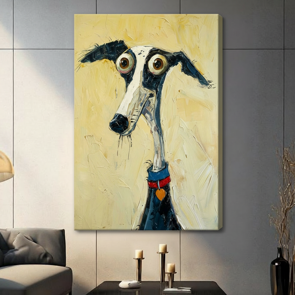 Whimsical greyhound dog stretched canvas wall art without frame hanging on dark gray tile wall in contemporary living room with gray sofa candle holders and decorative vase, impasto oil painting style funny dog portrait
