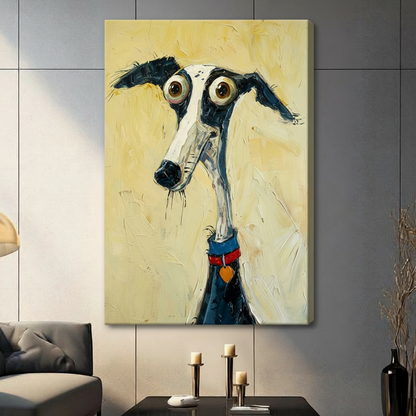 Whimsical greyhound dog stretched canvas wall art without frame hanging on dark gray tile wall in contemporary living room with gray sofa candle holders and decorative vase, impasto oil painting style funny dog portrait