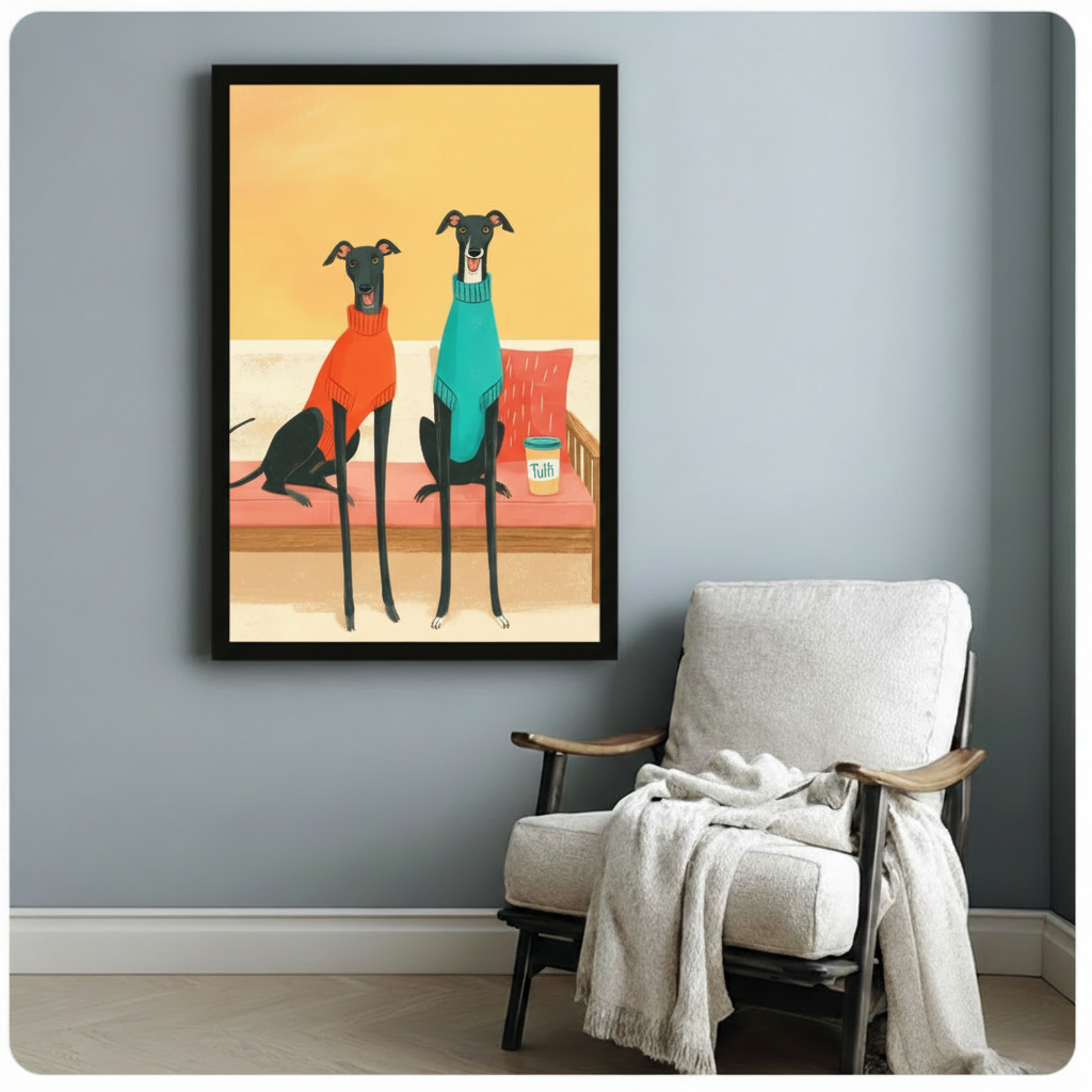 Black framed greyhound illustration canvas hung on a blue-grey wall beside a linen armchair, colorful dog wall art perfect for a reading nook or living room