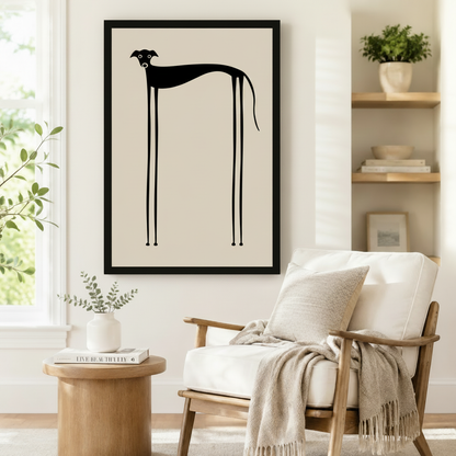 Bold framed wall art print of a minimalist black greyhound with a sleek arched back and ultra-long legs on a neutral linen-toned background, styled beside a linen armchair in a cozy Scandinavian reading corner