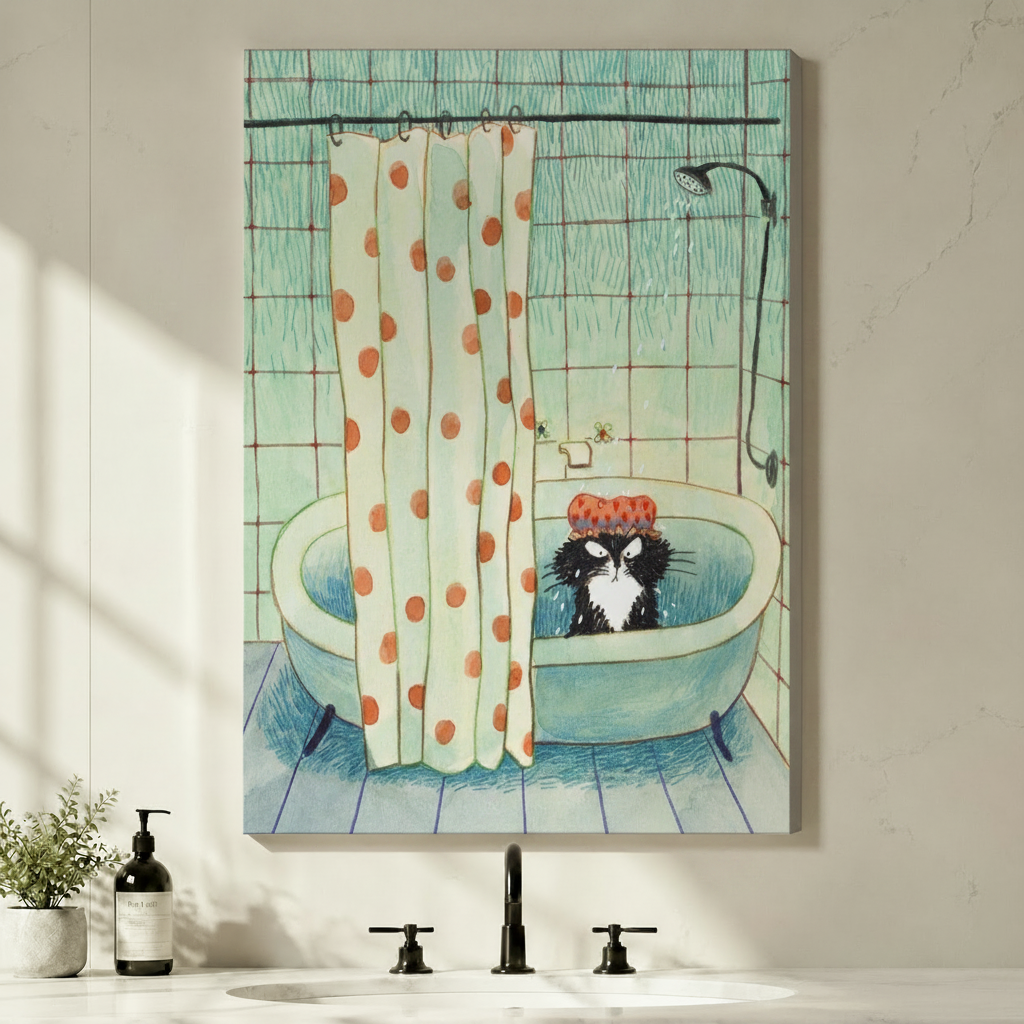 Stretched canvas wall art of a humorous scruffy black and white cat wearing a red spotted shower cap sulking in a retro teal bathtub with an orange polka dot curtain and dripping shower head on a mint checkered tile background, hung on a white marble bathroom wall above a modern black faucet with soap dispenser and greenery