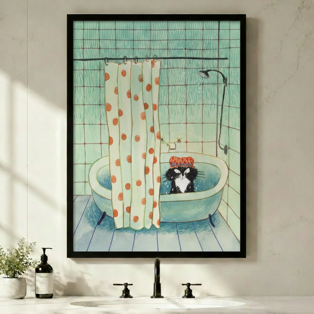 Black framed whimsical grumpy black cat in a bathtub wearing a red polka dot shower cap canvas art with an annoyed fluffy tuxedo cat soaking in a vintage teal tub beside an orange polka dot shower curtain and running shower head on a mint green tiled background, displayed on a white marble bathroom wall above a black faucet with a soap dispenser and small potted plant