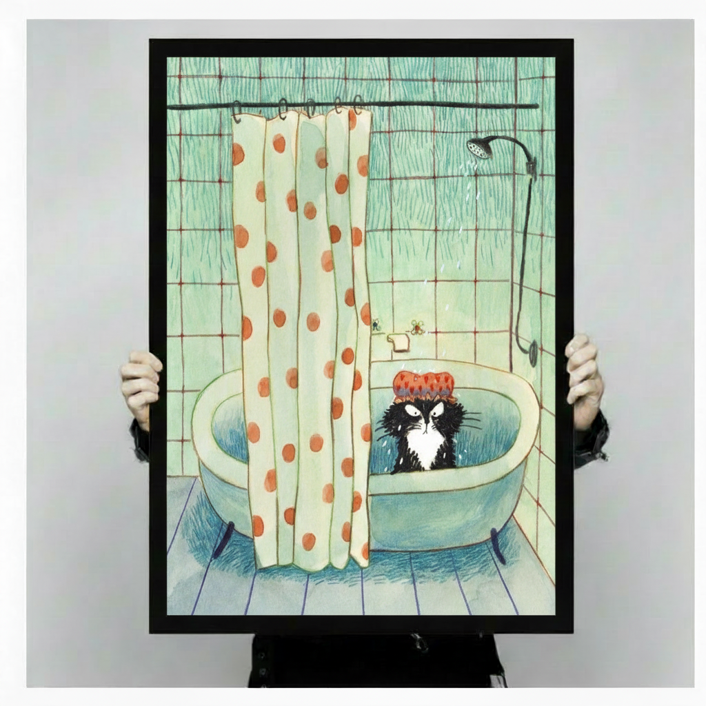 Person holding a large vertical black framed whimsical grumpy cat bath canvas art print showing an unamused black and white cat wearing a red polka dot shower cap soaking in a retro teal bathtub beside an orange spotted curtain and shower head on a mint tiled background in a light gray studio setting