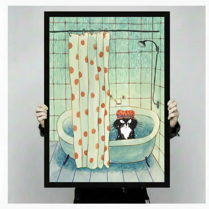 Person holding a large vertical black framed whimsical grumpy cat bath canvas art print showing an unamused black and white cat wearing a red polka dot shower cap soaking in a retro teal bathtub beside an orange spotted curtain and shower head on a mint tiled background in a light gray studio setting