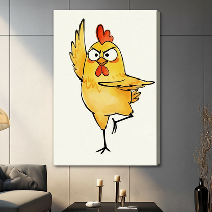 Stretched canvas whimsical grumpy yellow chicken with attitude wall art featuring a plump round yellow cartoon chicken with furrowed brow scowling eyes a bold red heart comb and red wattle balancing on one skinny leg with a wing thrust out sideways in a confident sassy stance in loose expressive line art style on a clean off-white background, hung on a gray tiled wall above a dark gray sofa