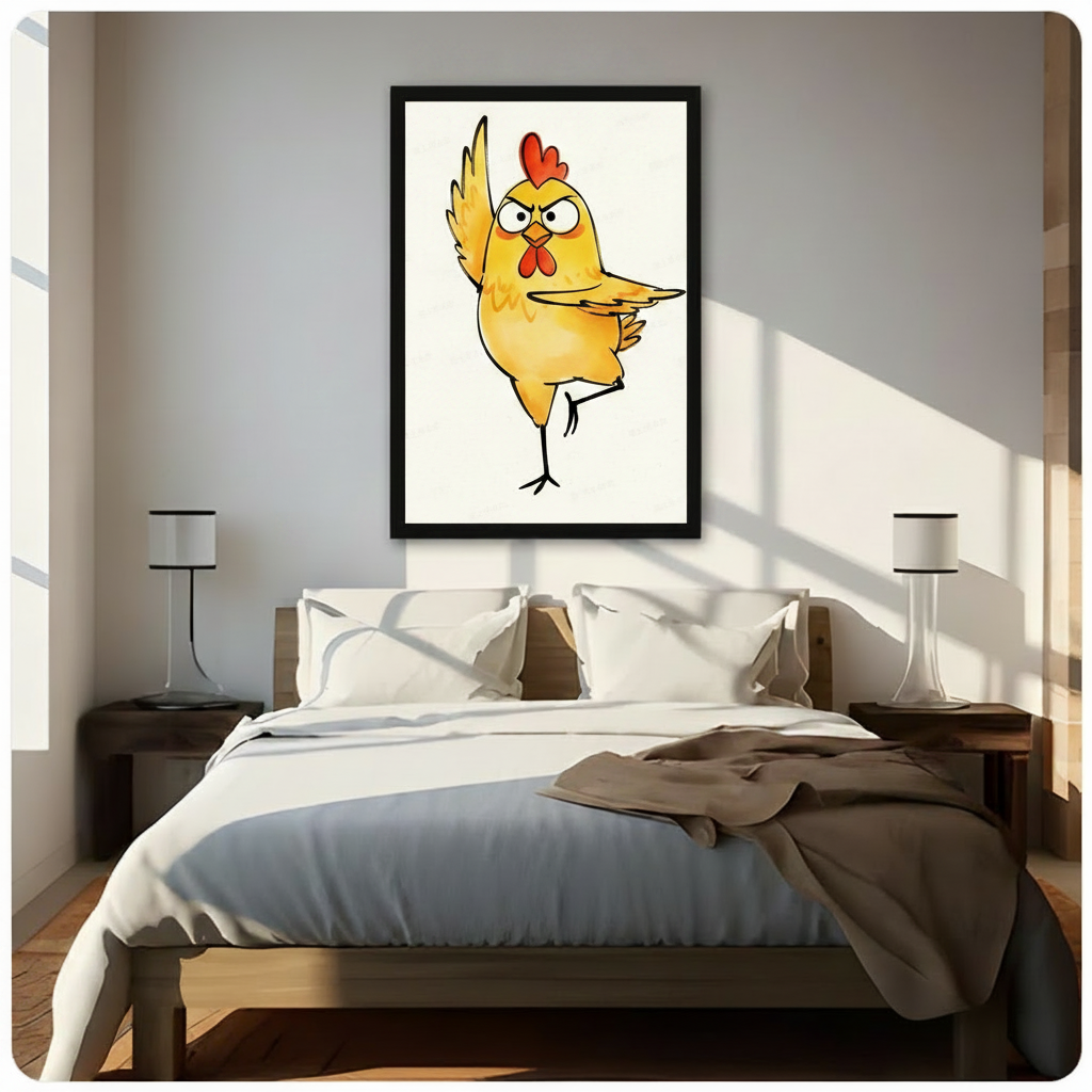 Black framed whimsical grumpy yellow chicken with attitude canvas art with a chubby round yellow cartoon chicken with furrowed brow scowling eyes a red heart-shaped comb and red wattle standing defiantly on one leg with one wing extended outward in a bold sassy pose in expressive sketch style on a clean off-white background, hung above a dark wood bed with white linen bedding in a sunlit bedroom