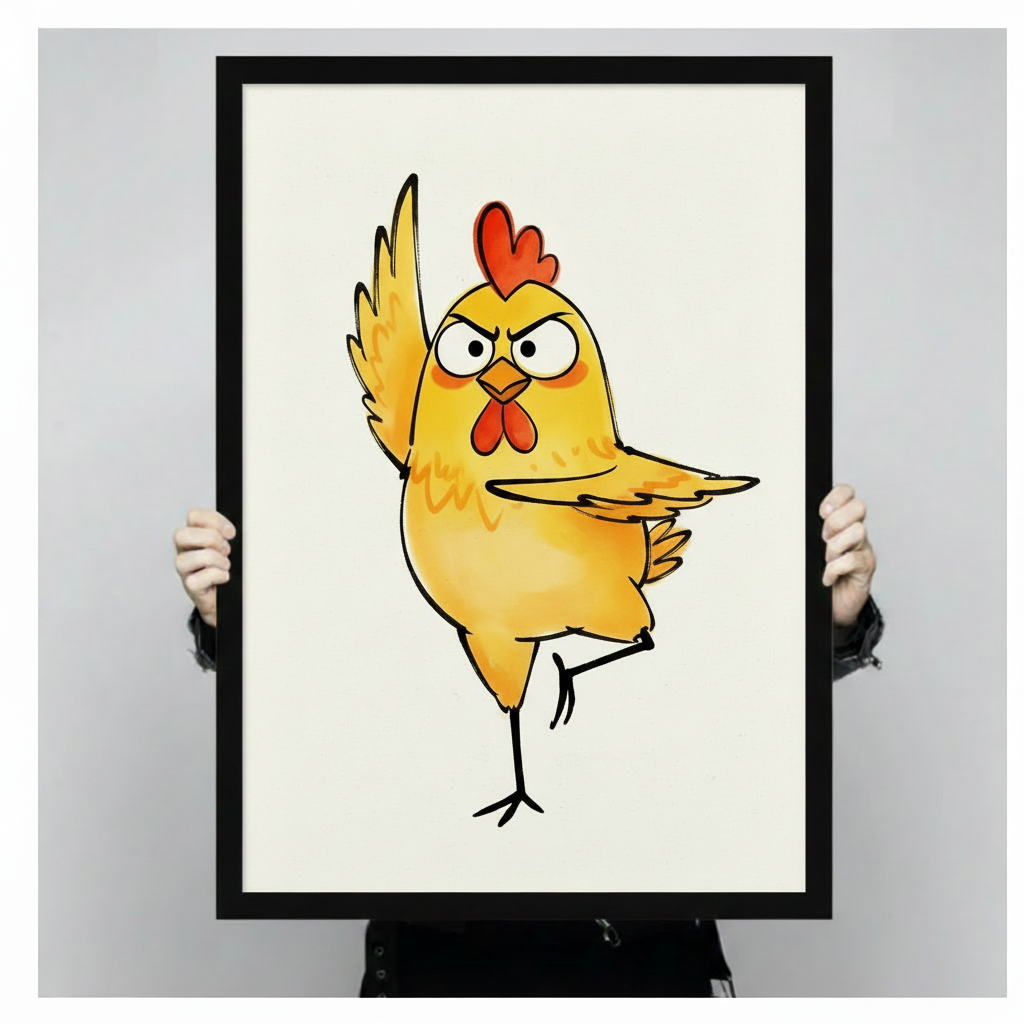 Hands holding a large black framed whimsical grumpy yellow chicken with attitude canvas art print with a plump round yellow cartoon chicken with heavy-lidded scowling eyes a bold red heart comb and red wattle balancing on one skinny leg with a wing thrust out sideways in a sassy defiant pose in loose expressive line art style on a clean off-white background