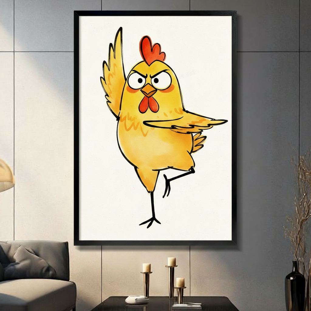 Black framed whimsical grumpy yellow chicken with attitude canvas art with a chubby round yellow cartoon chicken with heavy-lidded scowling eyes a red heart-shaped comb and a red wattle standing defiantly on one leg with one wing extended outward in a sassy pose on a clean off-white background, hung on a gray tiled wall above a dark gray sofa