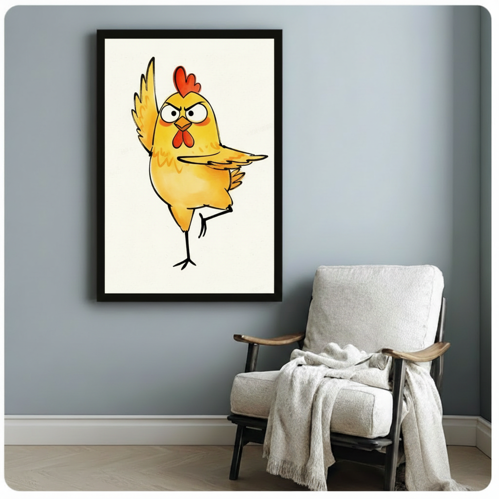 Black framed whimsical grumpy yellow chicken with attitude canvas art showing a round chubby yellow cartoon chicken with an intense scowling expression a red heart-shaped comb and red wattle standing on one leg with one wing extended in a bold sassy pose in expressive sketch style on a clean off-white background, displayed beside a white linen wood-frame folding chair with a cream throw