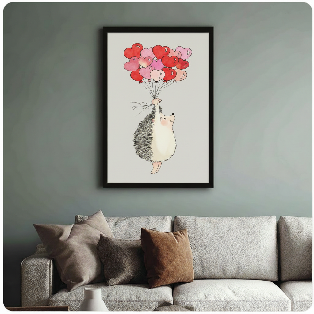 Whimsical black-framed poster of a rosy-cheeked hedgehog holding heart balloons, displayed above a neutral linen sofa on a sage green wall